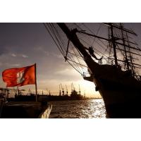 3425_21357 Sonnenuntergang im Hamburger Hafen - eine Hamburgfahne weht in der Brise | Flaggen und Wappen in der Hansestadt Hamburg